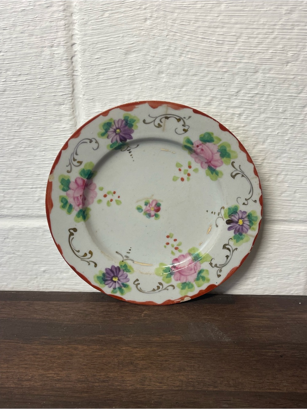 Vintage Hand Painted Floral Porcelain Plate Red Rim Gold Accents 6.5” Antique St